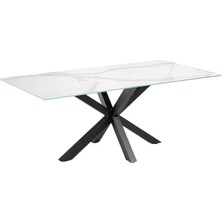 Hitit Dekorasyon Sias Metal Cam Yemek Masası Siyah Ayak Beyaz Mermer Desenli Cam Tabla