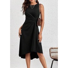 Mottisfashion Kadın Sıfır Kollu Bisiklet Yaka Büzgülü Asimetrik Kesim Detaylı Janjan Krep Elbise