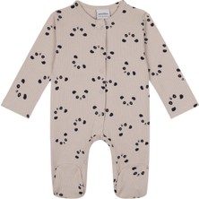 Antebies Bej Panda Desenli Bambu Kumaş Çıtçıtlı Uzun Kollu Erkek Kız Bebek Patikli Tulum