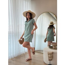 Mottisfashion Kadın Kısa Kollu Yakalı Viskon Iki Iplik Elbise