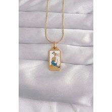 Butik 316L Çelik Gold Renk Beyaz Mineli Kız Figür Tarot Kolye
