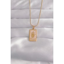 Butik 316L Çelik Gold Renk Pembe Mineli El Figür Tarot Kolye
