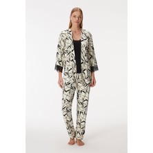 Anıl Kadın Sabahlıklı Kolları Dantel Detaylı Ip Askılı 3'lü Pijama Takım