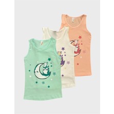 Kız Çocuk Pamuklu Yeşil Yavruağzı Ekru Ay Yıldız Desenli 3 Lü Atlet Takımı