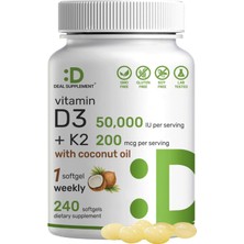 Deal Supplement Vitamin D3 50,000 Iu + K2 Mk7 200MCG Softgels, 240 Count  2-In-1 Complex With Virgin Coconut Oil