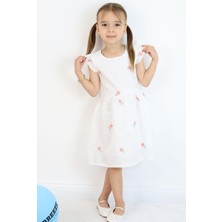 Breeze Kız Çocuk Elbise Çiçek Nakışlı Güpür Detaylı 3-7 Yaş, Ekru