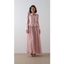 Önü Fularlı Desenli Elbise Pembe