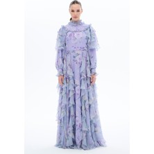 Omuz ve Etek Yanı Büzgülü Elbise Lila