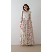 Üst Bedeni Saten Eteği Şifon  Elbise Ekru