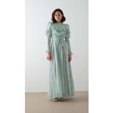 Ön Robası ve Kolları Kabarık Elbise Mavi