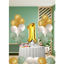 1 Yaş Küf Yeşili Temalı Doğom Günü Seti Metalik Gold Kum Beji Küf Yeşili Balonlar Gold Folyo Rakam