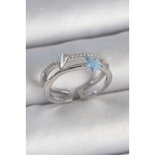 Pirinç Gümüş Renk 2'li Zirkon Taşlı Mavi Yıldız Figür Ayarlanabilir Kadın Yüzük