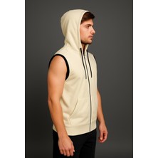 Erkek Krem Fermuarlı Kapüşonlu Kanguru Cepli Kolsuz Yelek-Y1142