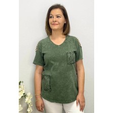 Büyük Beden Haki Omuz Dekolte Pamuklu Tshirt