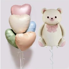 Retro Krem Papyonlu Sevimli Ayı Folyo Balon 5 Renk Kalp Folyo Balonlu Doğum Günü Parti Seti Süsü