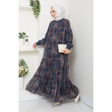 Harma Time Butik Kadın Astarlı Lacivert Şifon Şal Desen Elbise