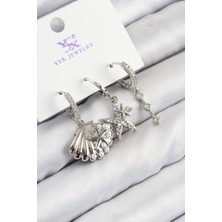 Pirinç Zirkon Taşlı 3'lü Yıldız ve Istiridye Model Gümüş Renk Kadın Küpe