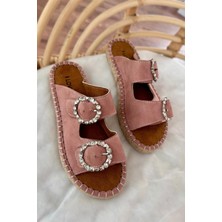 Cosin Süet Taş Detaylı Kadın Terlik Pudra