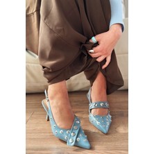 Selorin Mat Deri Zımba Detaylı Stiletto Bebek Mavi