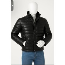 DERiMONTAYA Hakiki Kuzu Deri Mont Yakası Kürklü Siyah Şişme Ceket 