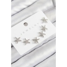 Pirinç Zirkon Taşlı Deniz Yıldızı Model Gümüş Renk 925 Ayar Gümüş Çivi Kadın Küpe Set