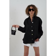 Siyah Düğme Detay Naturel Keten Gömlek