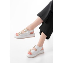 1187 Beyaz Dolgu Topuk Lastik Baretli  Kadın Sandalet