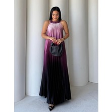 Twister Boyundan Bağlamalı Saten Elbise Mor-Siyah