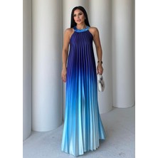 Twister Boyundan Bağlamalı Saten Elbise Lacivert-Mavi