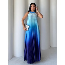 Twister Boyundan Bağlamalı Saten Elbise Mavi -Lacivert