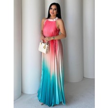 Twister Boyundan Bağlamalı Saten Elbise Pembe-Turkuaz