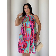 By Kadriye Yılmaz Victory Desenli Saten Elbise Yeşil