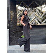 Feray Çiçek Desenli Tulum Siyah