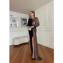 By Kadriye Yılmaz Liva Leopar Detaylı Abiye Elbise Siyah