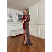 By Kadriye Yılmaz Liva Leopar Detaylı Abiye Elbise Bordo