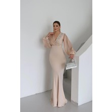 Vogen Taş Detaylı Abiye Elbise Bej