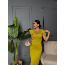 Gliter Taş Detaylı Tasarım Elbise Yağ Yeşili