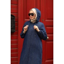 6494-DENIM Kapşonlu Düğmeli Ferace Koyu Mavi