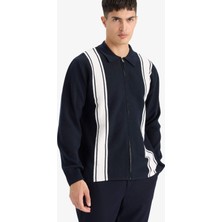 DeFacto Standart Fit Polo Yaka Fermuarlı Çizgili Triko Hırka F4981AX25AU