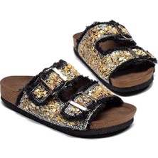 Kadın Çift Tokalı Kot Deri Taşlı Rahat Kalıp Ortopedik Terlik