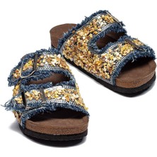 Kadın Çift Tokalı Kot Deri Taşlı Rahat Kalıp Ortopedik Terlik