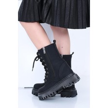 Lady Classy Kız Çocuk Süet Bot Siyah Dış Materyal ile Fermuar Detaylı ve Bağcıklı Rahat Model