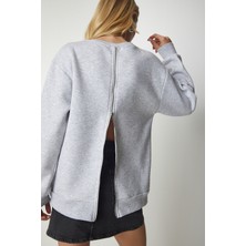 Arkası Fermuarlı Şardonlu Örme Sweatshirt LUB0062 Gri