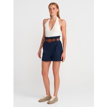 72138 Beli Lastikli Kemerli Şort-Lacivert