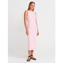 91099 Vücuda Oturan Midi Elbise-Toz Pembe