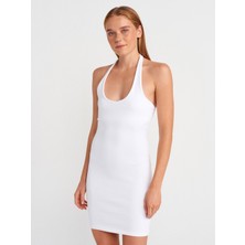 91508 Halter Yaka Mini Elbise-Beyaz