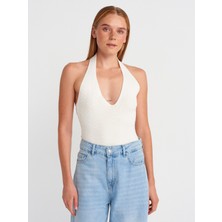 10799 Halter V Yaka Dokulu Triko Bluz-Ekru