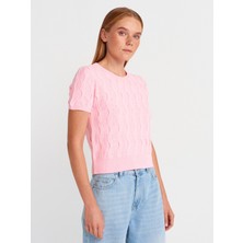 10788 Bisiklet Yaka Dokulu Triko Bluz-Pembe