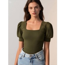 Hazelin Kadın Haki Kare Yaka Örme Bluz HZL22W-BD104091