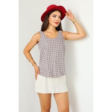 Lupinn Moda Kadın Kare - Ekose Desenli Kolsuz Yazlık Bluz – Şık ve Rahat Tasarım